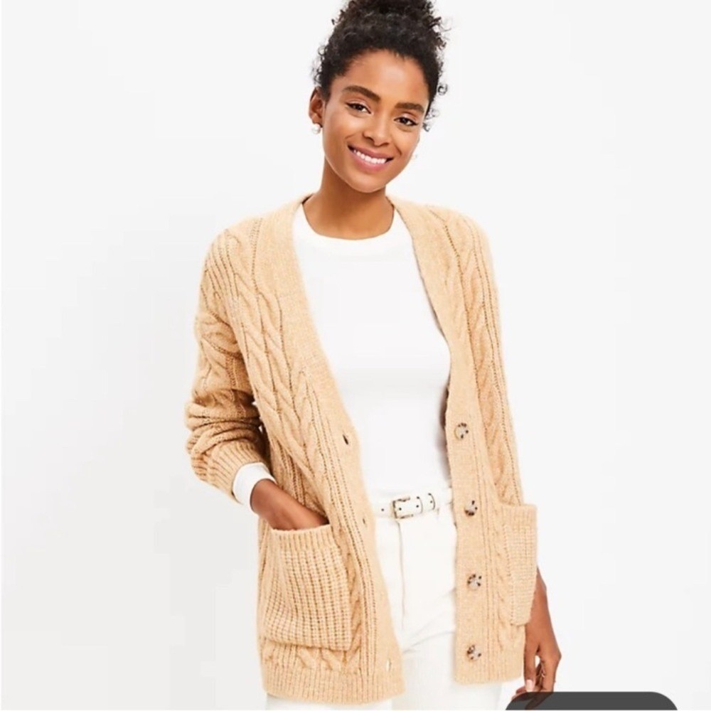 LOFT Cable Knit Boyfriend‎ Relaxed Fit Cardigan Sweater in Camel Heather size XS